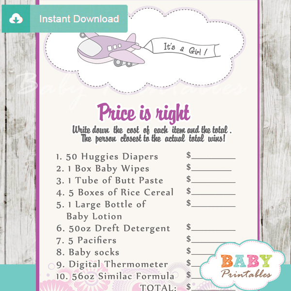 airplane Price is Right Baby Shower Games printable pdf
