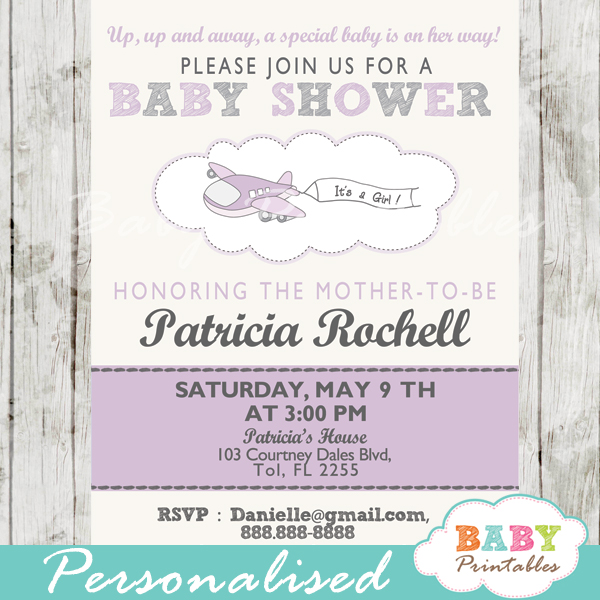printable purple airplane theme baby shower invitation for girls
