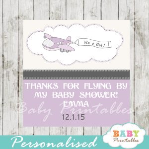 printable custom purple airplane baby shower favor tags