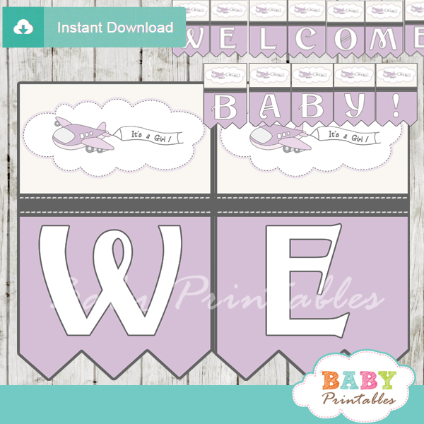 printable purple airplane decoration baby shower welcome banner