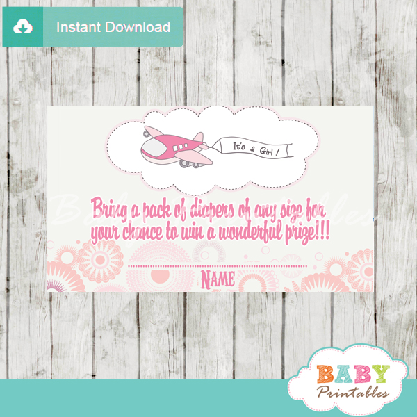 printable pink plane diaper raffle game cards baby shower