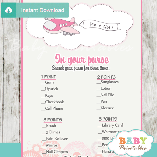 pink airplane themed printable baby shower games what's in your purse