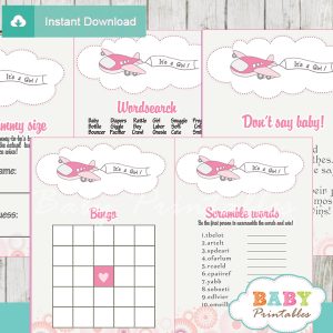 printable pink airplane themed baby shower games package