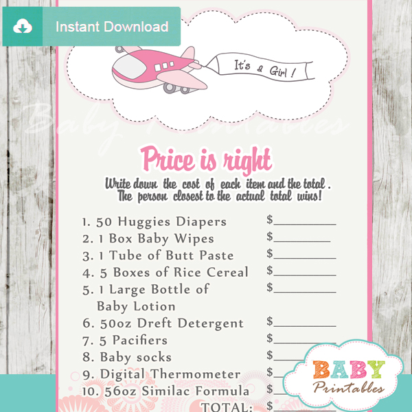 airplane Price is Right Baby Shower Games printable pdf