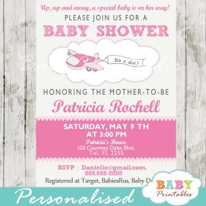 printable pink airplane theme baby shower invitation for girls