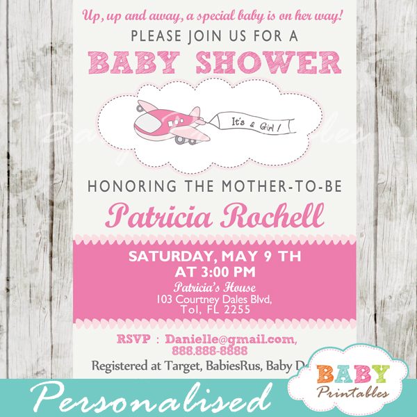 Pink Airplane Baby Shower Invitation Girls D166 Baby Printables