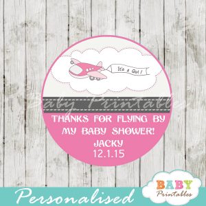 custom pink airplane themed baby shower favor labels