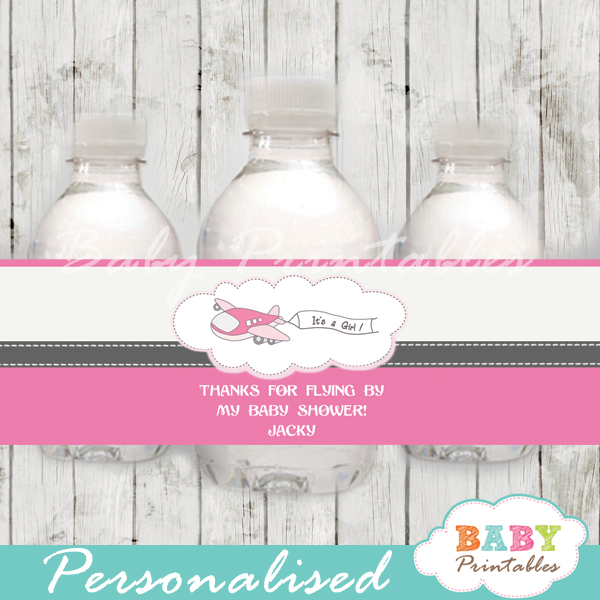 pink custom airplane baby shower bottle wrappers diy