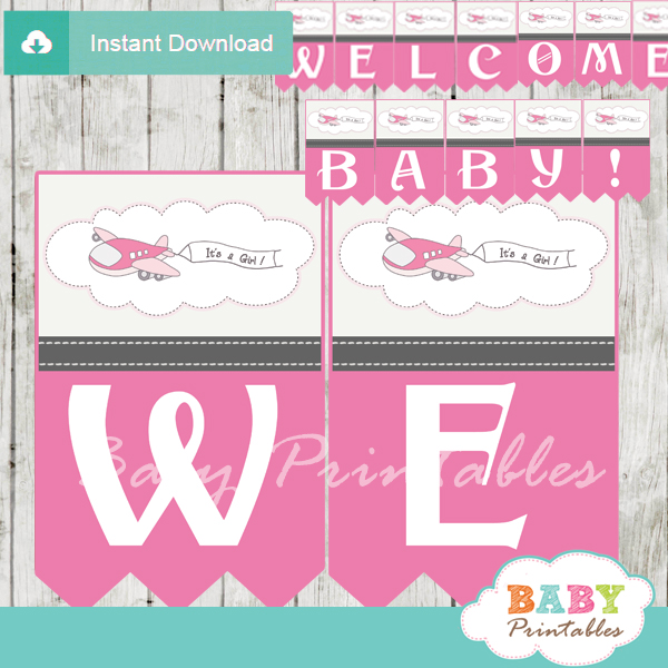 printable pink airplane decoration baby shower welcome banner
