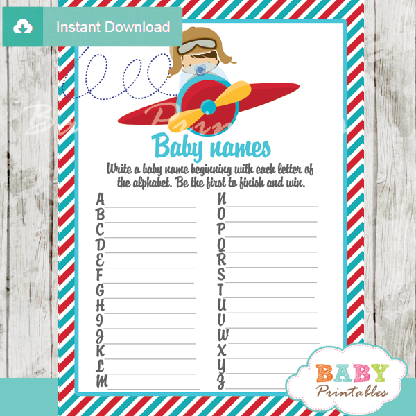 printable little aviator Name Race Baby Shower Game cards
