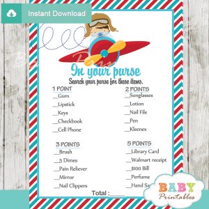 little pilot themed printable baby shower games what's in your purse