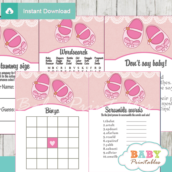 printable pink baby shoes themed baby shower games package