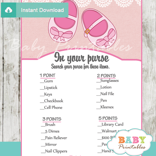 pink baby shoes themed printable baby shower games what's in your purse