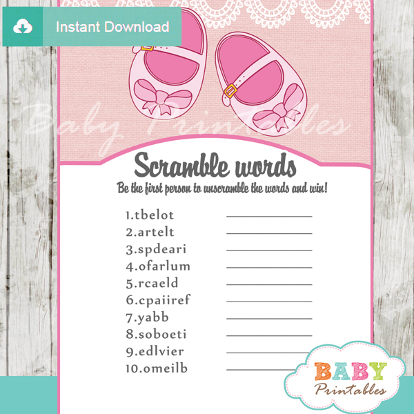 baby girl shoes plane printable word scramble baby shower games