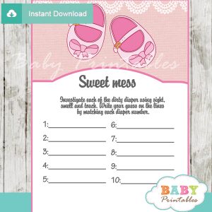 baby girl shoes themed Baby Shower Game What's That Sweet Mess Dirty Diaper Shower Game