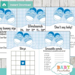printable blue baby shoes themed baby shower games package