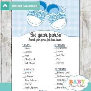 blue baby shoes themed printable baby shower games what's in your purse