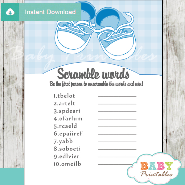 baby boy shoes printable word scramble baby shower games