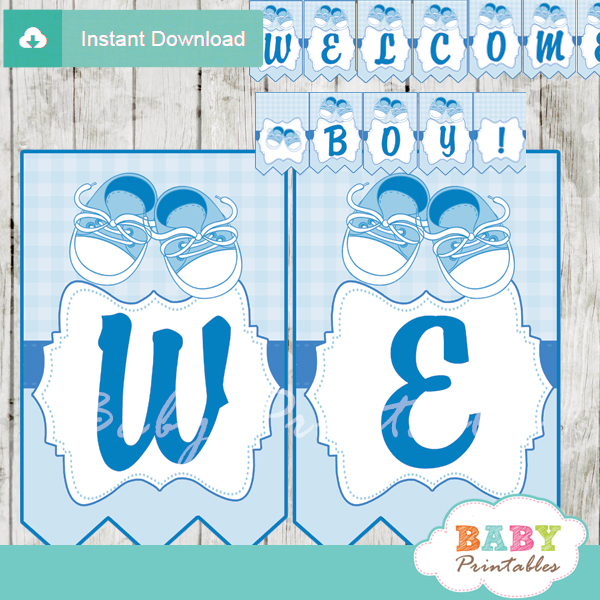 Blue Gingham Baby Onesie Banner – Printable Baby Shower Decor – Light & Dusty Blue Cutouts – Boy Baby Banner PDF PNG – Clothesline Party
