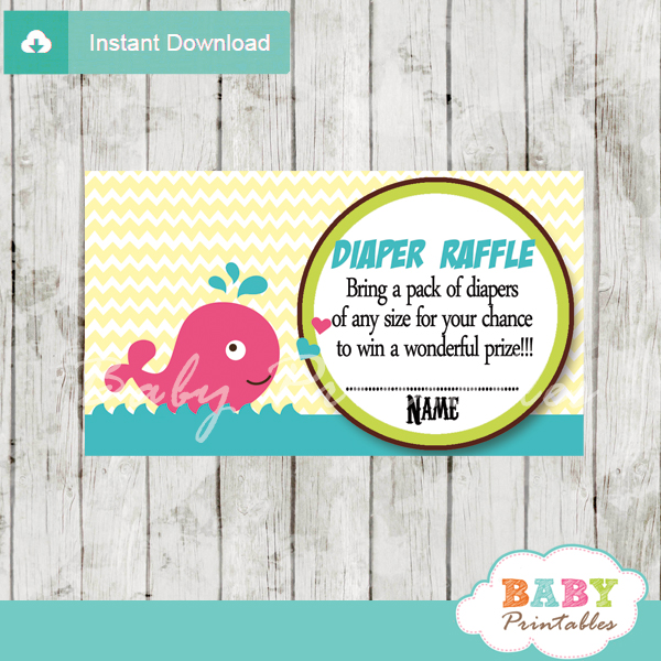 printable girl pink whale diaper raffle game cards baby shower