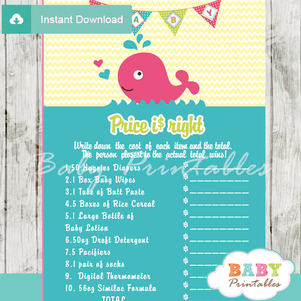 pink whale Price is Right Baby Shower Games printable pdf