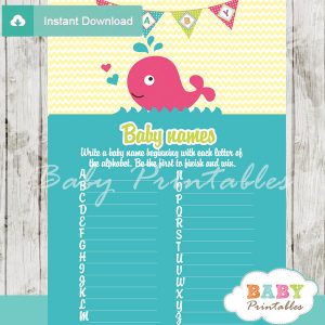 printable pink whale Name Race Baby Shower Game cards