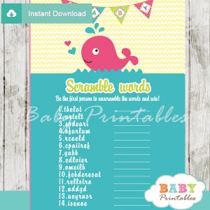 pink whale printable word scramble baby shower games