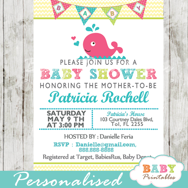 printable cute pink whale baby shower invitation for girls