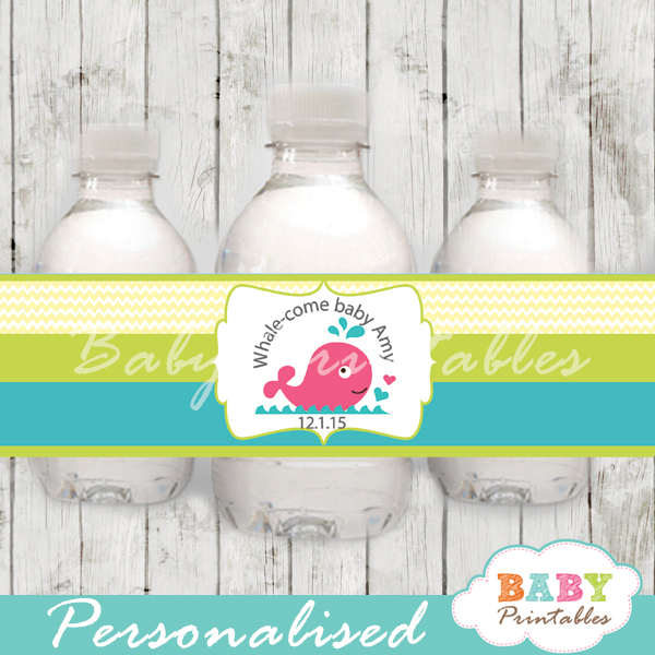 custom pink whale nautical baby shower bottle wrappers diy