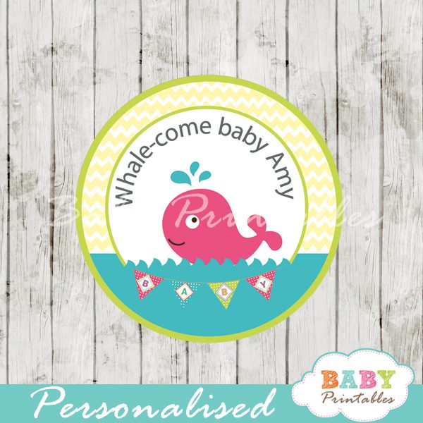 Nautical Pink Whale Baby Shower Favor Tags D180