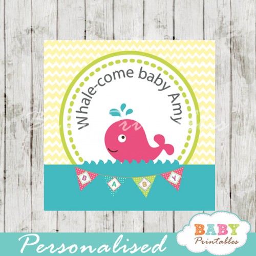 Nautical Pink Whale Baby Shower Square Labels - D180 - Baby Printables