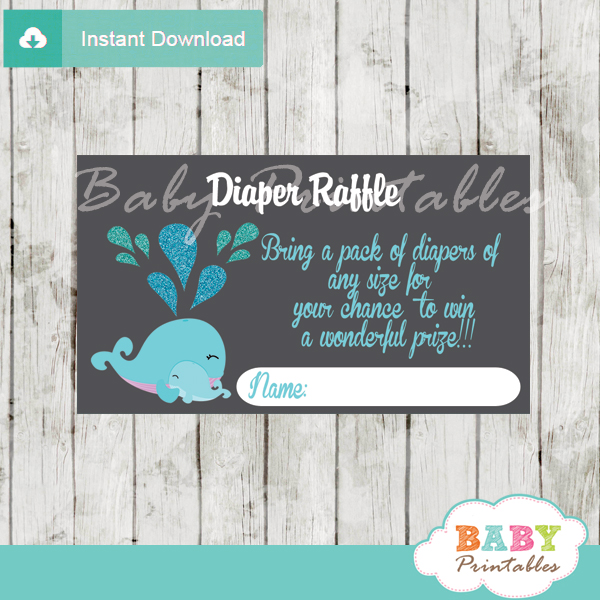 printable blue whale diaper raffle game cards baby shower