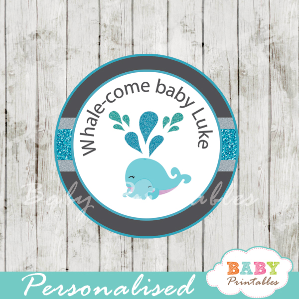 custom cute blue whale baby shower favor labels