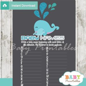 printable blue whale Name Race Baby Shower Game cards
