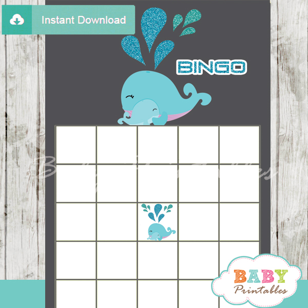 cute blue whale themed baby shower bingo games cards