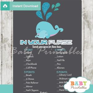 blue whale themed printable baby shower games what's in your purse