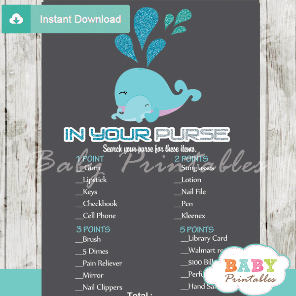 blue whale themed printable baby shower games what's in your purse