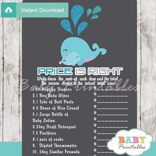 blue whale Price is Right Baby Shower Games printable pdf