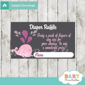 printable pink whale diaper raffle game cards baby shower