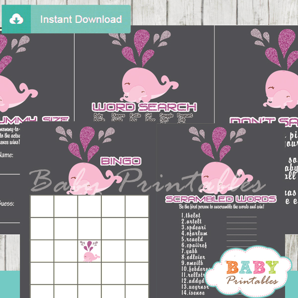 printable pink whale themed baby shower games package