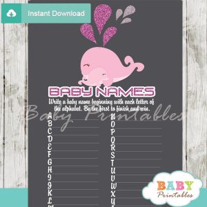 printable pink whale Name Race Baby Shower Game cards