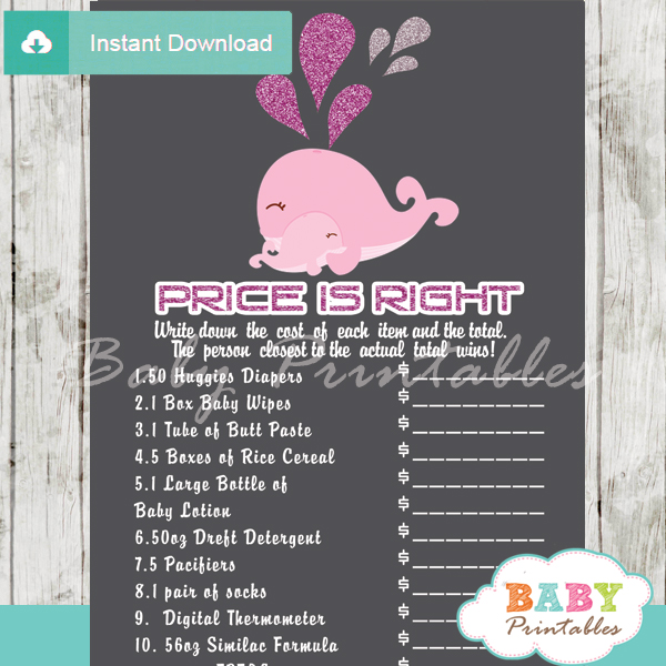 pink whale Price is Right Baby Shower Games printable pdf