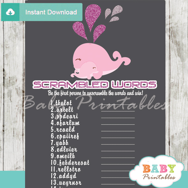 pink whale printable word scramble baby shower games