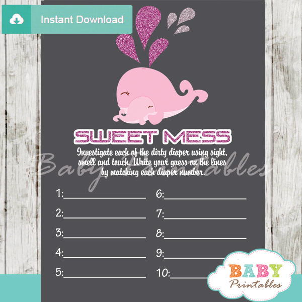 pink whale themed Baby Shower Game What's That Sweet Mess Dirty Diaper Shower Game