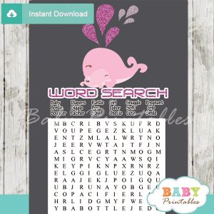 pink whale printable baby shower word search puzzles