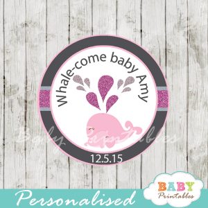 custom cute pink whale baby shower favor labels