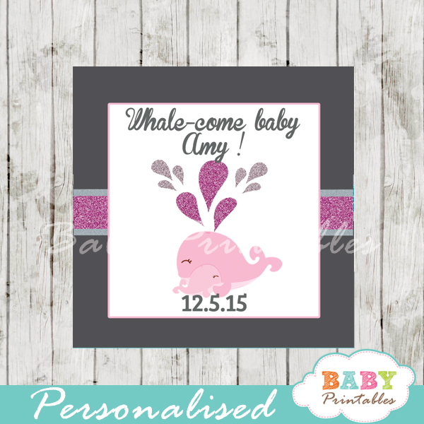 printable custom pink whale baby shower favor tags