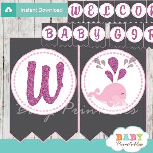 printable pink whale welcome boy baby shower banner decoration