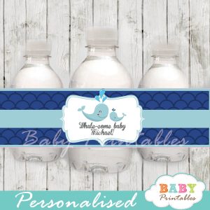 custom navy blue scallop pattern whale baby shower bottle wrappers diy