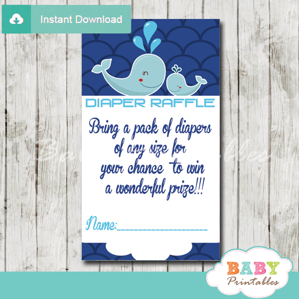 printable navy blue scallop pattern whale diaper raffle game cards baby shower